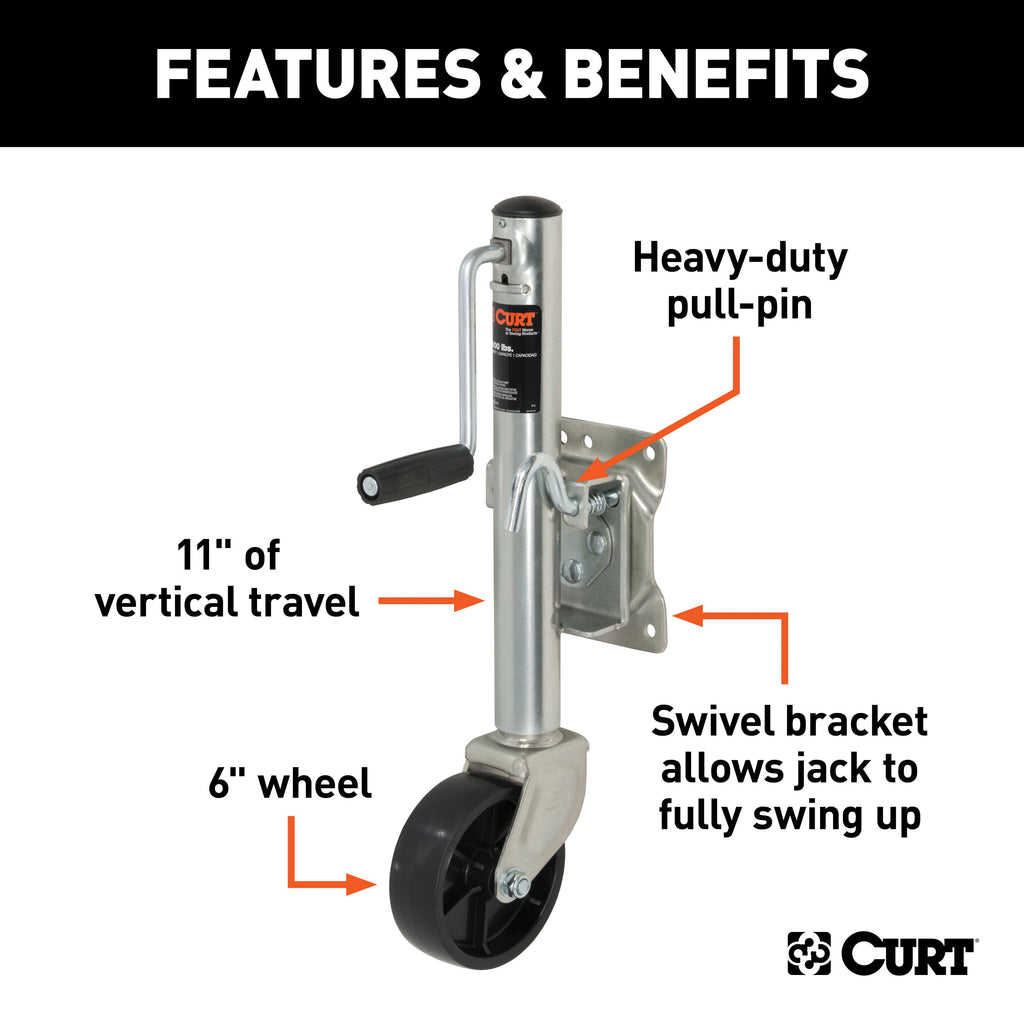 CURT 28112 Marine Jack with 6" Wheel (1,200 lbs, 10" Travel)