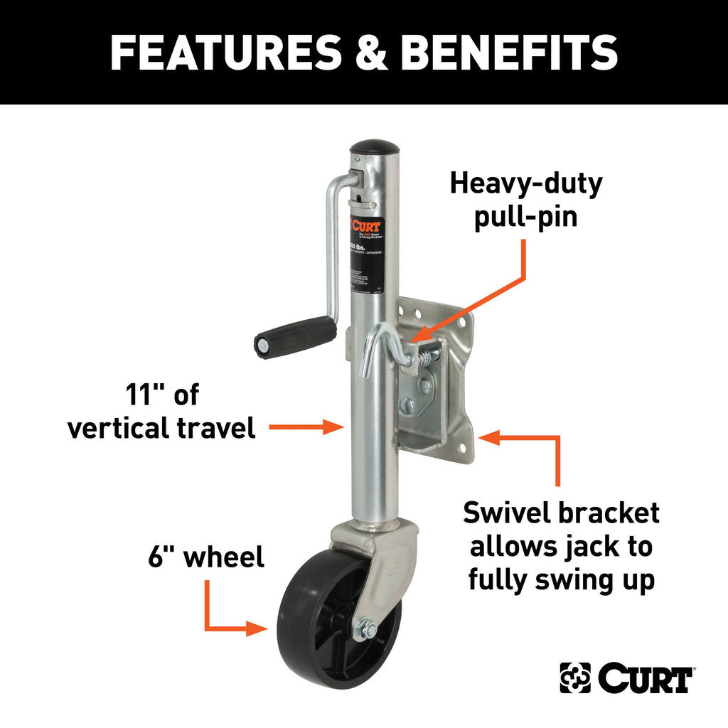 CURT 28113 Marine Jack with 6" Wheel (1,200 lbs, 10" Travel, Packaged)