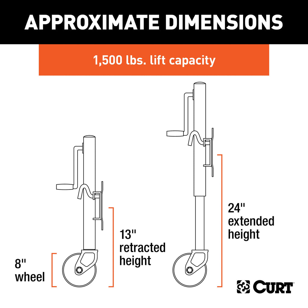 CURT 28116 Marine Jack with 8" Wheel (1,500 lbs, 10" Travel, Packaged)