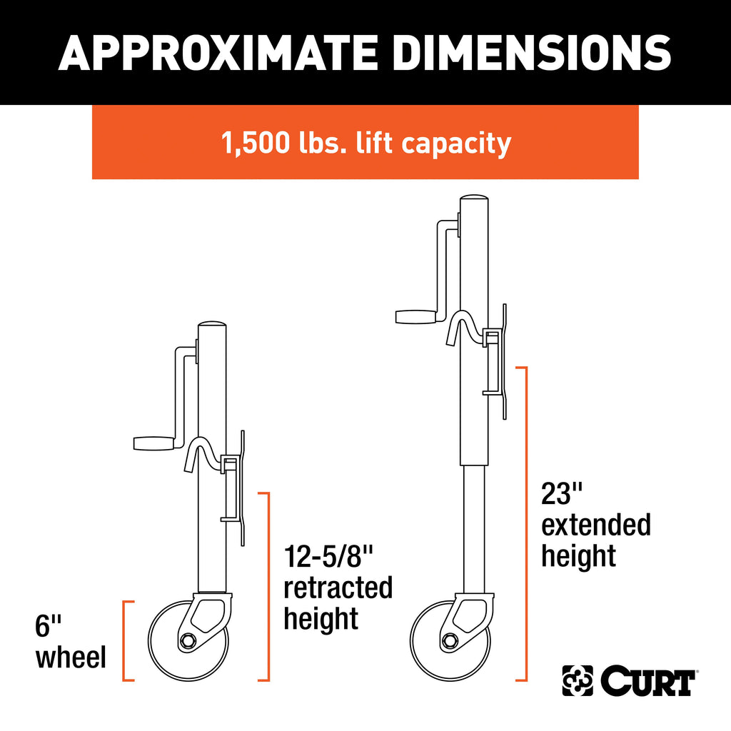 CURT 28155 Marine Jack with Dual 6" Wheels (1,500 lbs, 10" Travel)