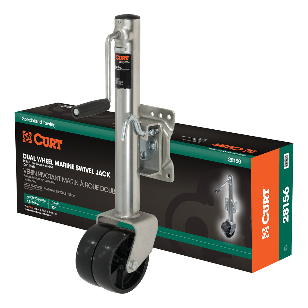 CURT 28156 Marine Jack with Dual 6" Wheels (1,500 lbs, 10" Travel, Packaged)