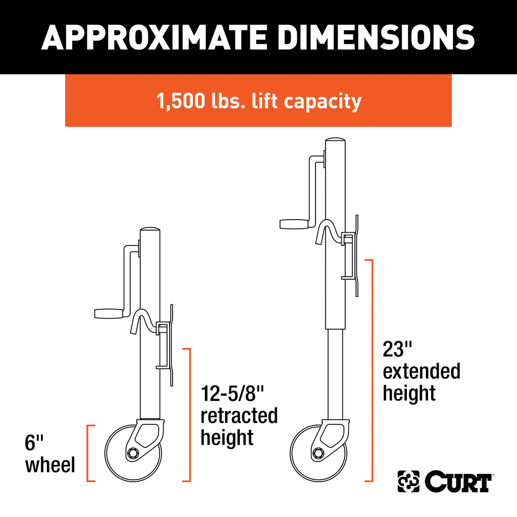 CURT 28156 Marine Jack with Dual 6" Wheels (1,500 lbs, 10" Travel, Packaged)