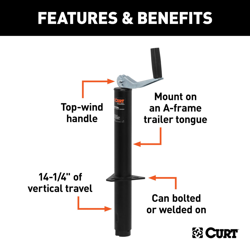 CURT 28200 A-Frame Jack with Top Handle (2,000 lbs, 14" Travel)