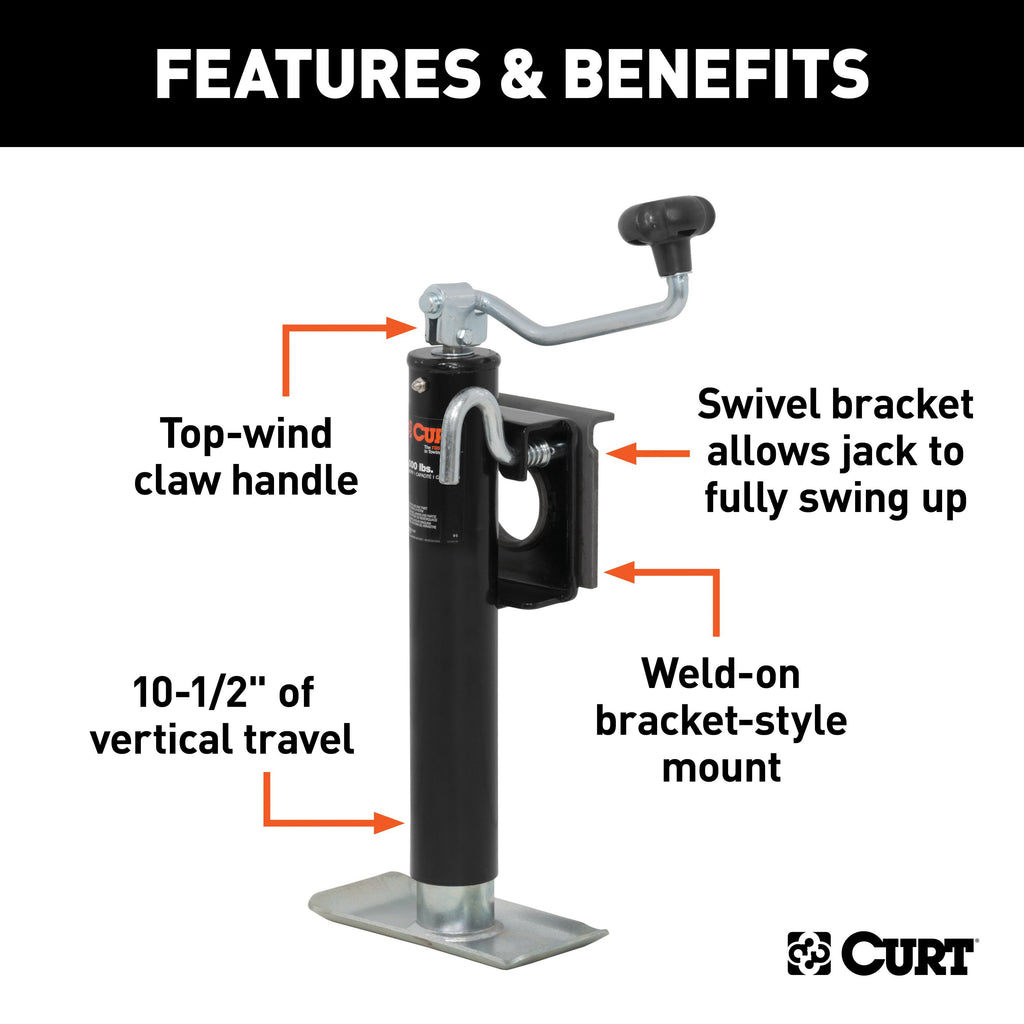 CURT 28300 Bracket-Mount Swivel Jack with Top Handle (2,000 lbs, 10" Travel)