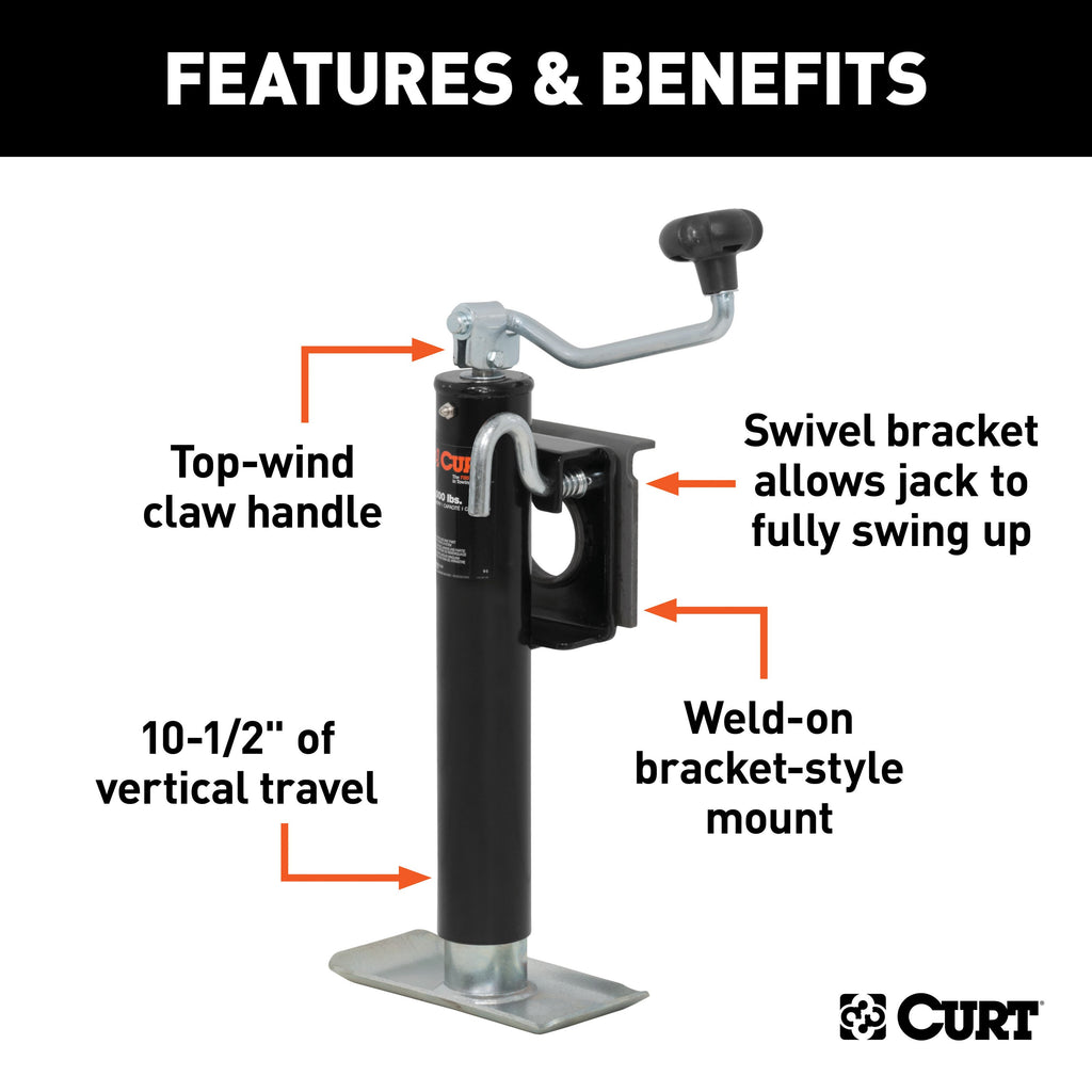 CURT 28301 Bracket-Mount Swivel Jack with Top Handle (2,000 lbs, 10" Travel, Packaged)