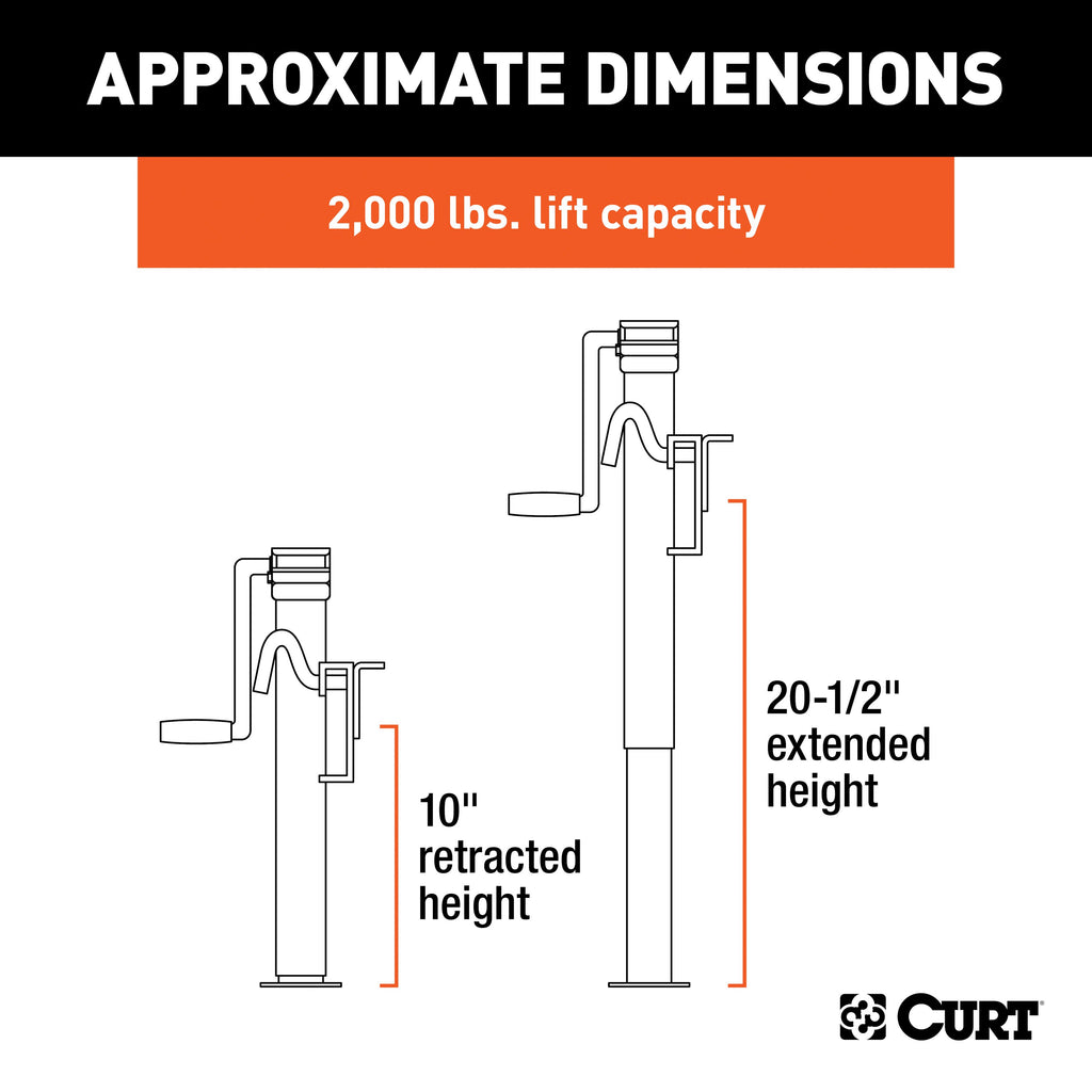 CURT 28302 Bracket-Mount Swivel Jack with Side Handle (2,000 lbs, 10" Travel)