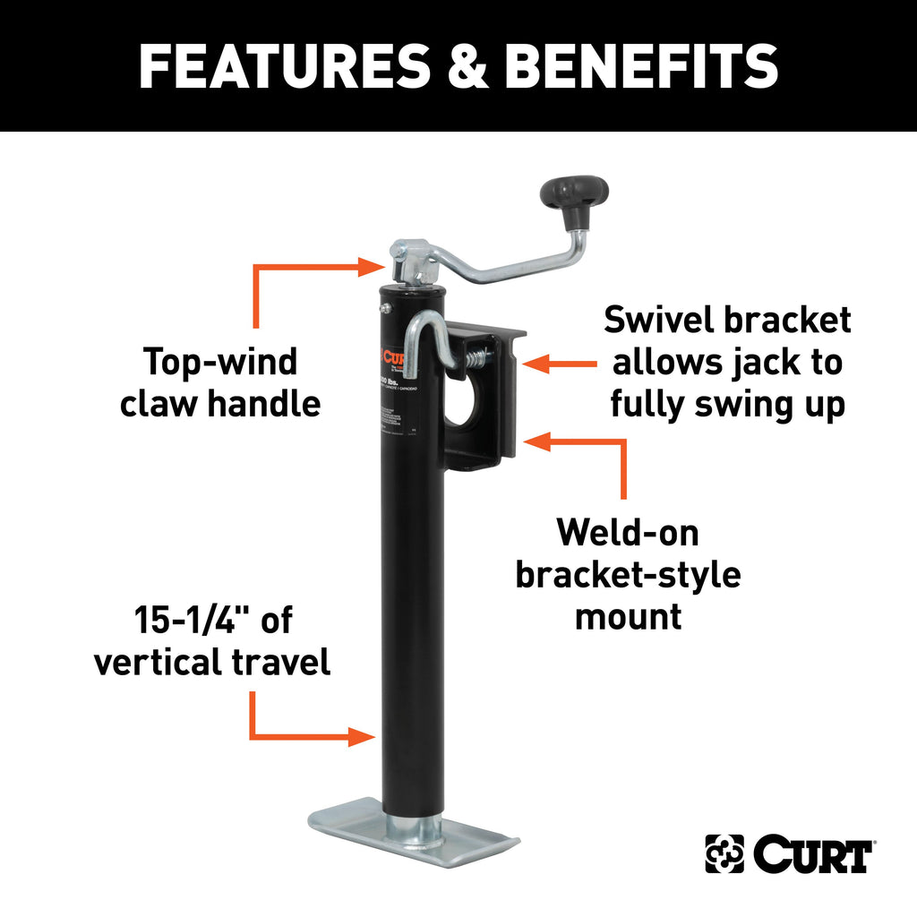 CURT 28304 Bracket-Mount Swivel Jack with Top Handle (2,000 lbs, 15" Travel)