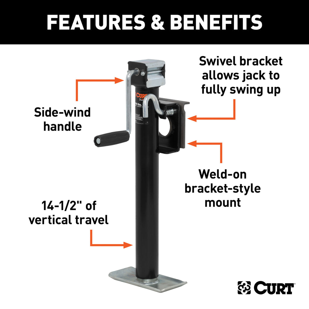 CURT 28306 Bracket-Mount Swivel Jack with Side Handle (2,000 lbs, 15" Travel)