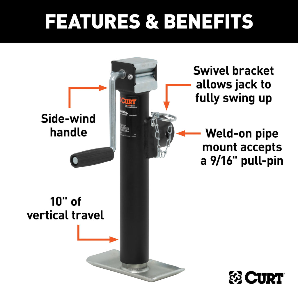 CURT 28321 Pipe-Mount Swivel Jack with Side Handle (2,000 lbs, 10" Travel)