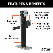 Load image into Gallery viewer, CURT 28321 Pipe-Mount Swivel Jack with Side Handle (2,000 lbs, 10" Travel)