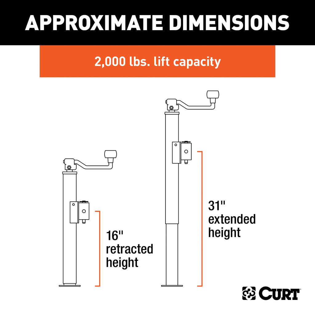 CURT 28323 Pipe-Mount Swivel Jack with Top Handle (2,000 lbs, 15" Travel, Packaged)