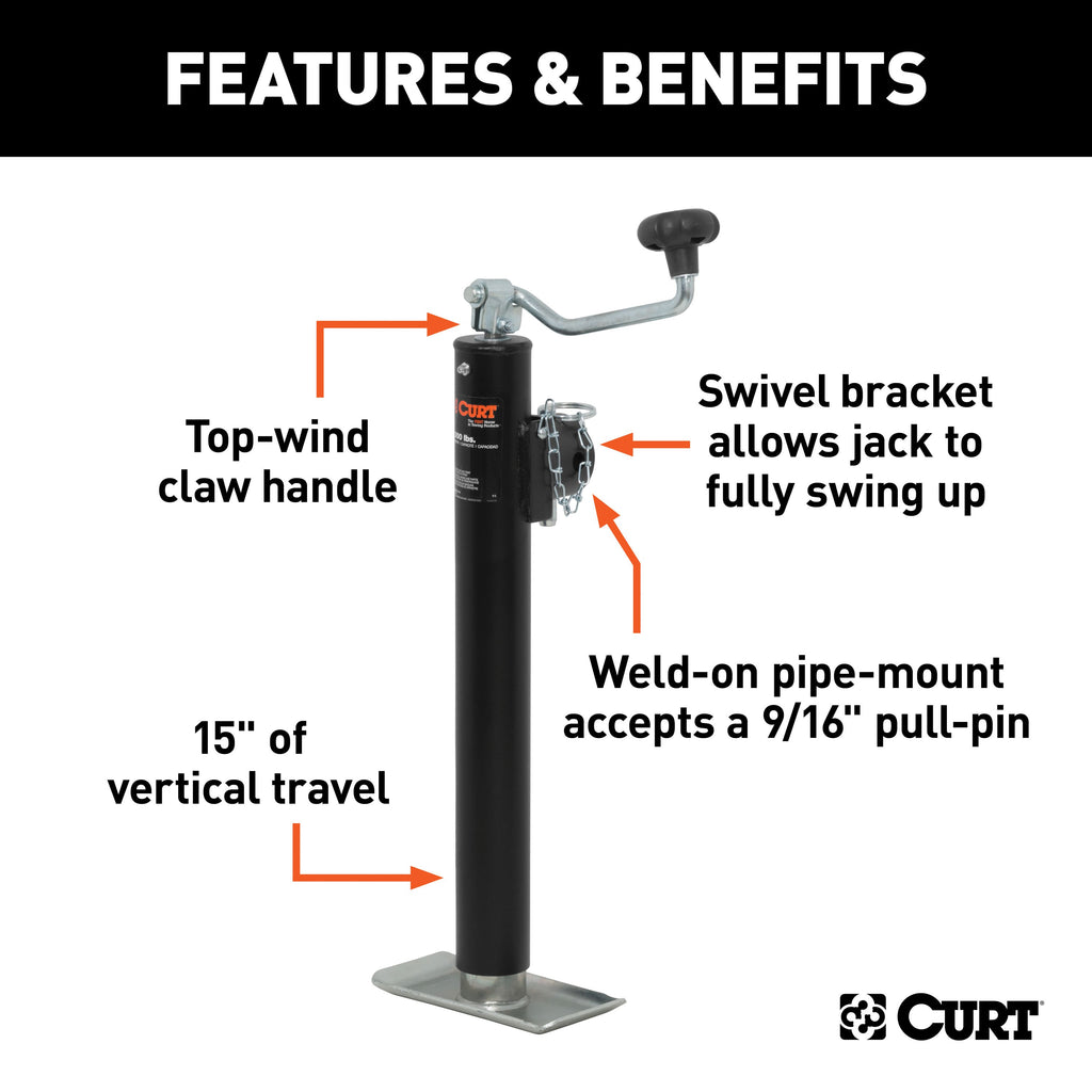 CURT 28323 Pipe-Mount Swivel Jack with Top Handle (2,000 lbs, 15" Travel, Packaged)