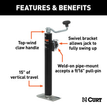 Load image into Gallery viewer, CURT 28323 Pipe-Mount Swivel Jack with Top Handle (2,000 lbs, 15" Travel, Packaged)