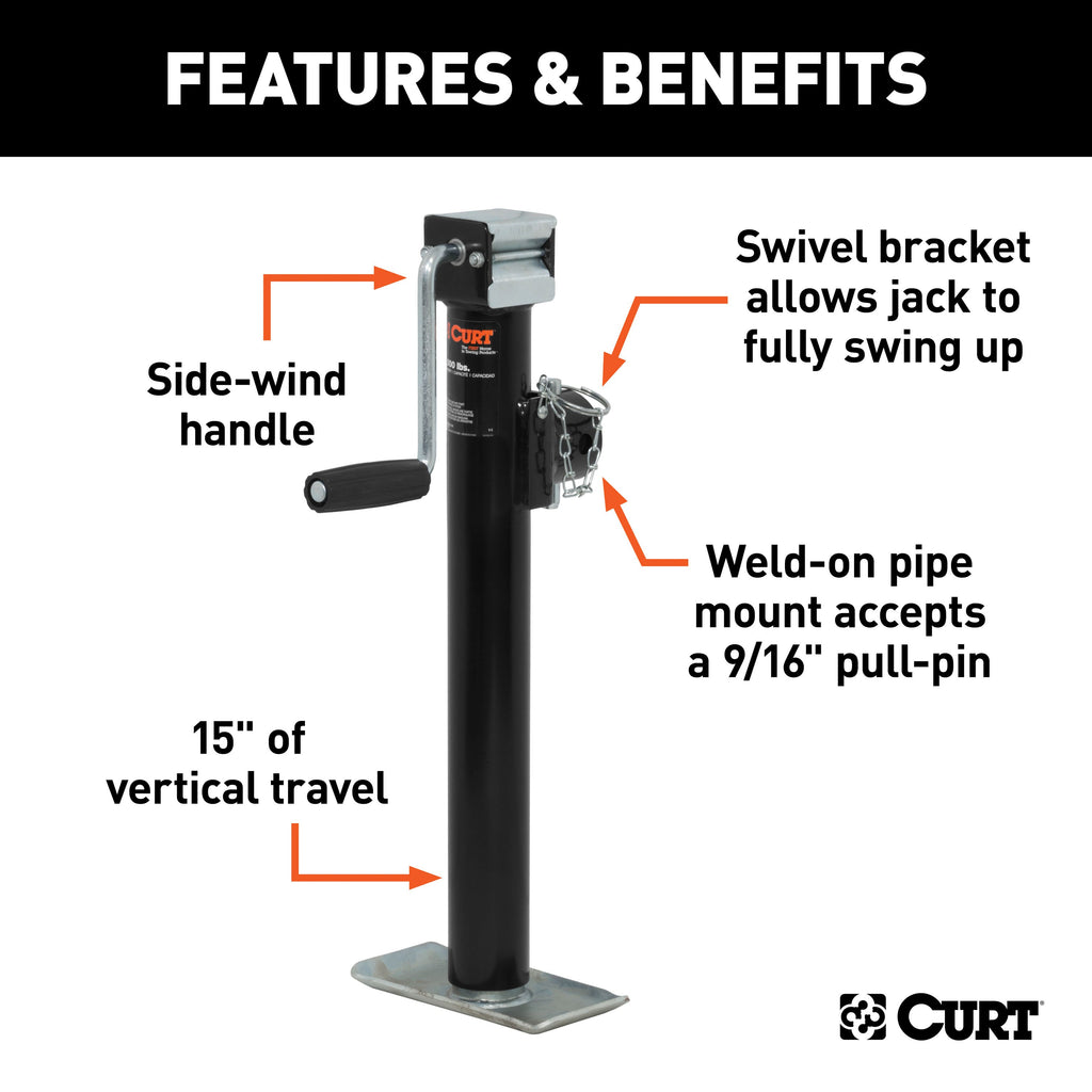 CURT 28324 Pipe-Mount Swivel Jack with Side Handle (2,000 lbs, 15" Travel)