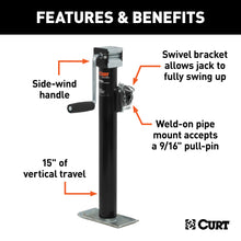 Load image into Gallery viewer, CURT 28324 Pipe-Mount Swivel Jack with Side Handle (2,000 lbs, 15" Travel)