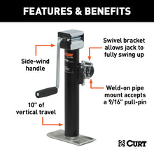 Load image into Gallery viewer, CURT 28354 Pipe-Mount Swivel Jack with Side Handle (5,000 lbs, 10" Travel)
