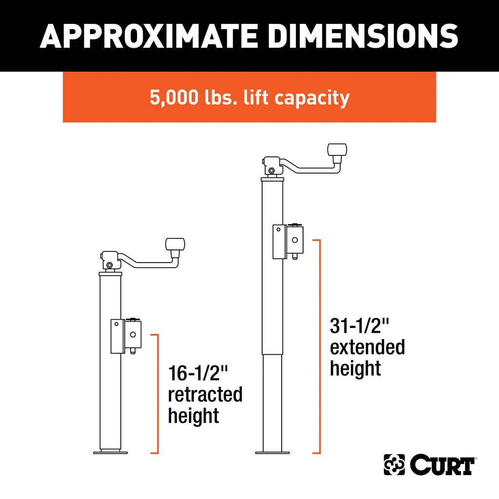 CURT 28356 Pipe-Mount Swivel Jack with Top Handle (5,000 lbs, 15" Travel)