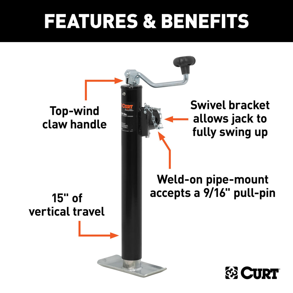 CURT 28356 Pipe-Mount Swivel Jack with Top Handle (5,000 lbs, 15" Travel)