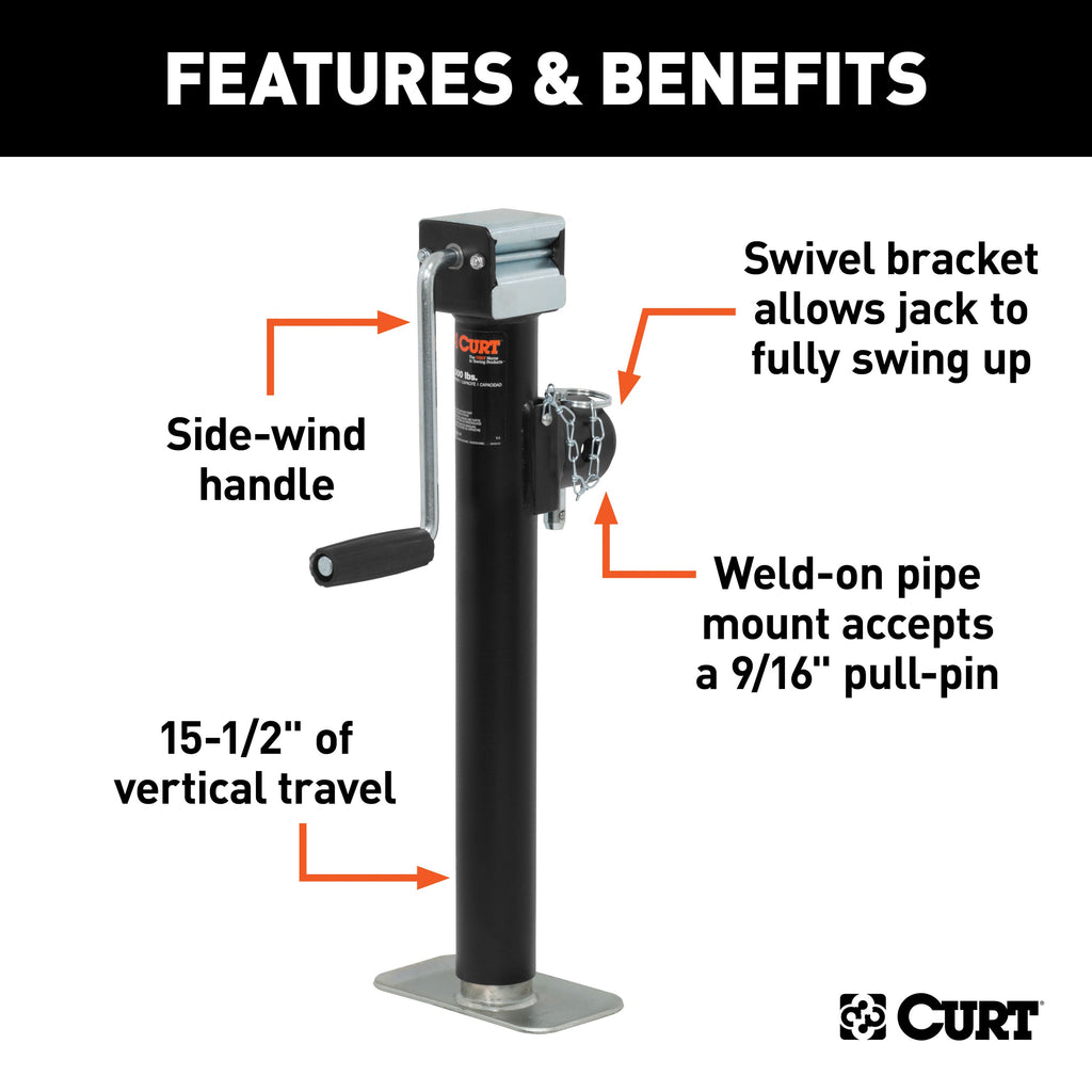 CURT 28358 Pipe-Mount Swivel Jack with Side Handle (5;000 lbs; 15in. Travel) - Truck Part Superstore