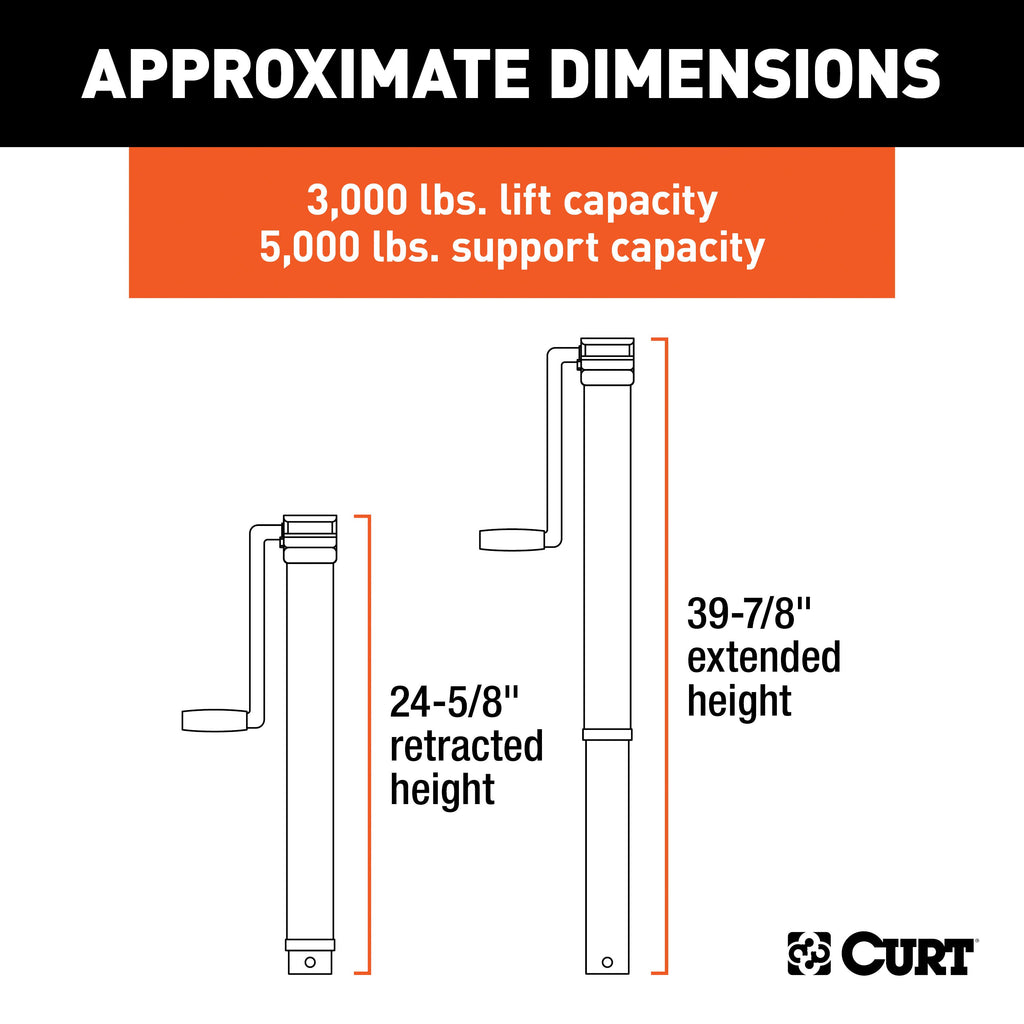 CURT 28359 Direct-Weld Square Jack with Side Handle (5,000 lbs, 15" Travel)