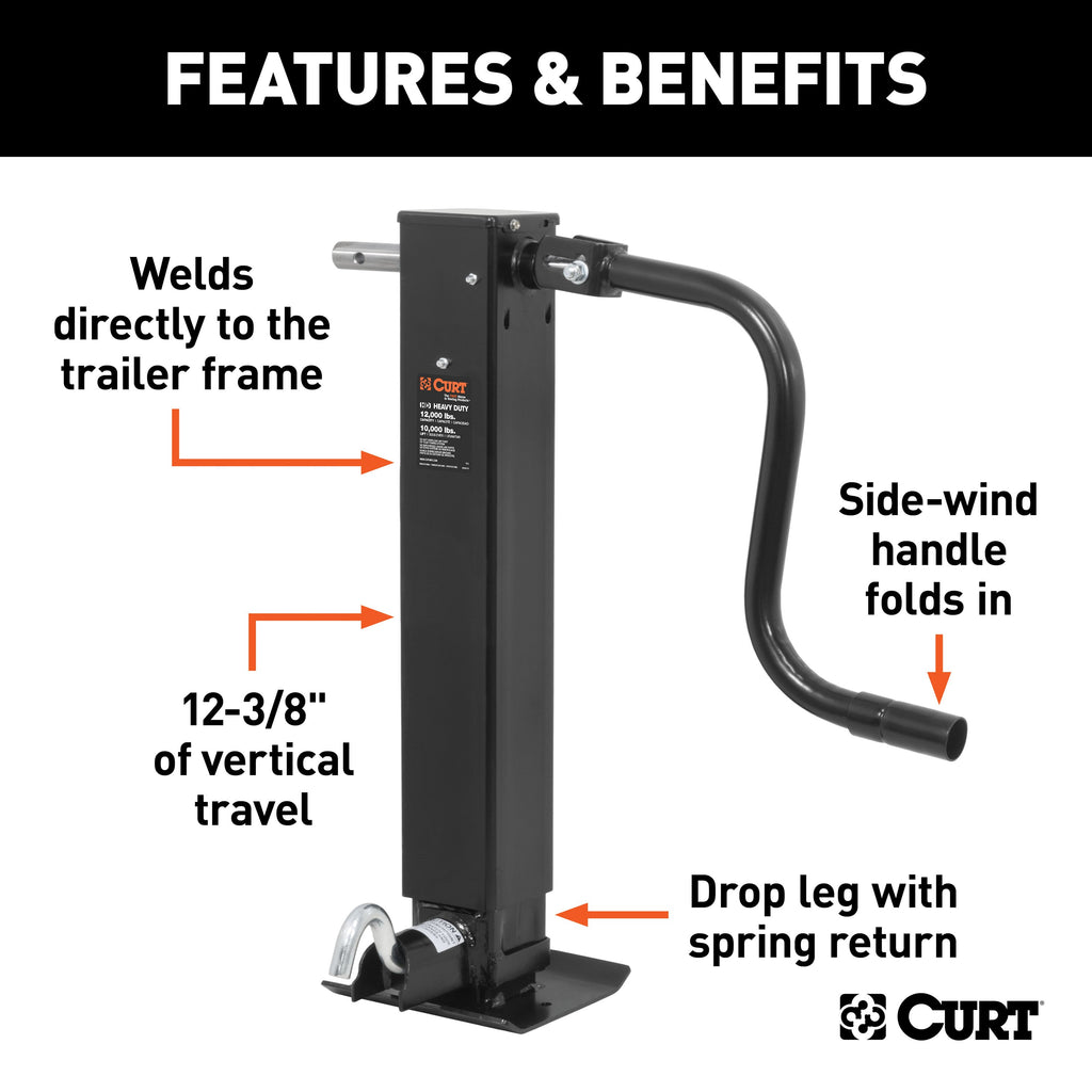 CURT 28512 Direct-Weld Square Jack with Side Handle (12,000 lbs, 12-1/2" Travel)