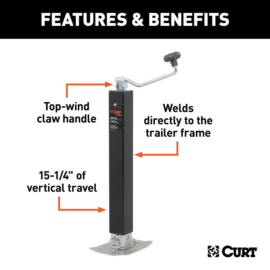 CURT 28570 Direct-Weld Square Jack with Top Handle (8,000 lbs, 15" Travel)