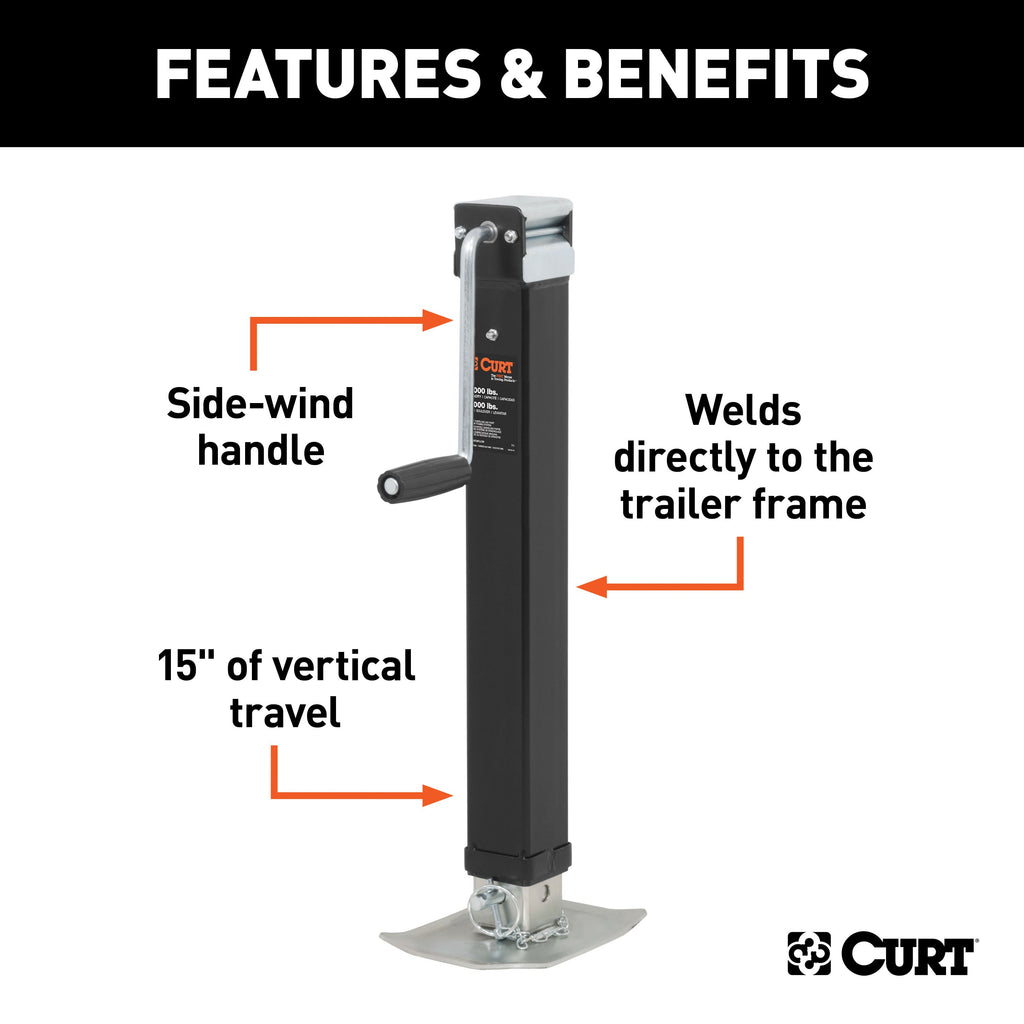 CURT 28575 Direct-Weld Square Jack with Side Handle (8,000 lbs, 15" Travel)