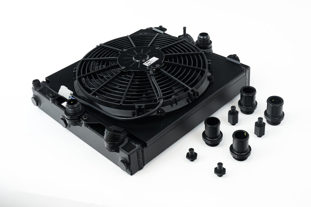 CSF Cooling - Racing & High Performance Division 2858XB Universal Half Radiator - Evo 7/8/9 / 92-00 Civic - w/ SPAL Fan & Shroud - Black for Select Honda Civic, Mitsubishi Lancer