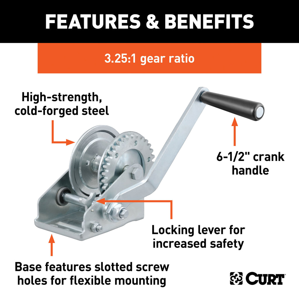 CURT 29423 Hand Crank Winch (900 lbs, 6-1/2" Handle)