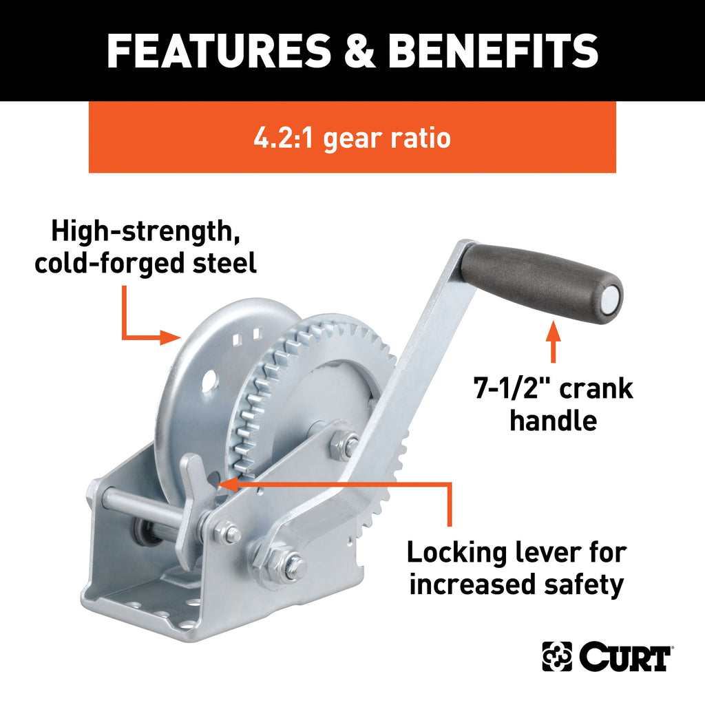 CURT 29424 Hand Crank Winch (1,200 lbs, 7-1/2" Handle)