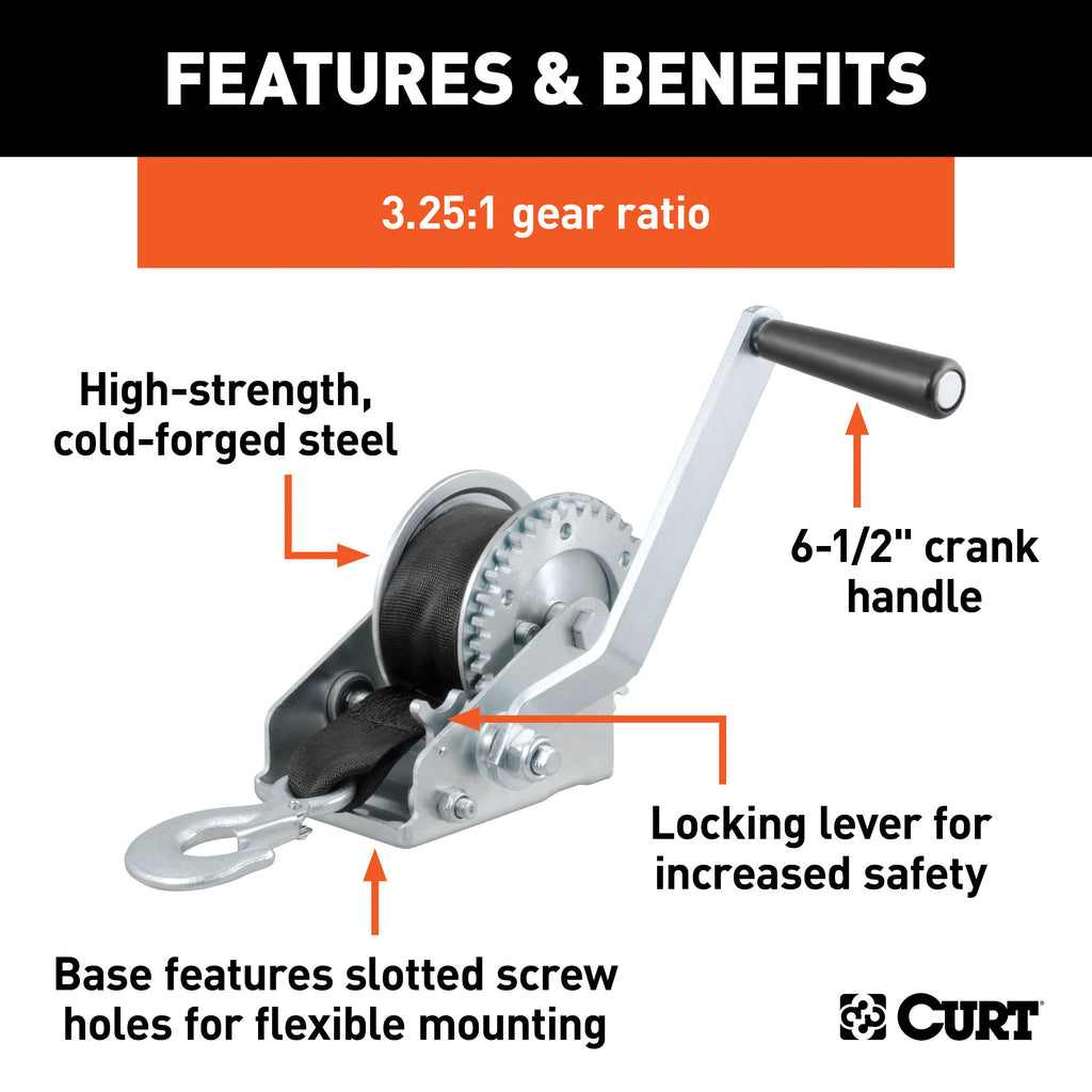 CURT 29433 Hand Crank Winch with 15' Strap (900 lbs, 6-1/2" Handle)