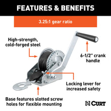 Load image into Gallery viewer, CURT 29433 Hand Crank Winch with 15' Strap (900 lbs, 6-1/2" Handle)
