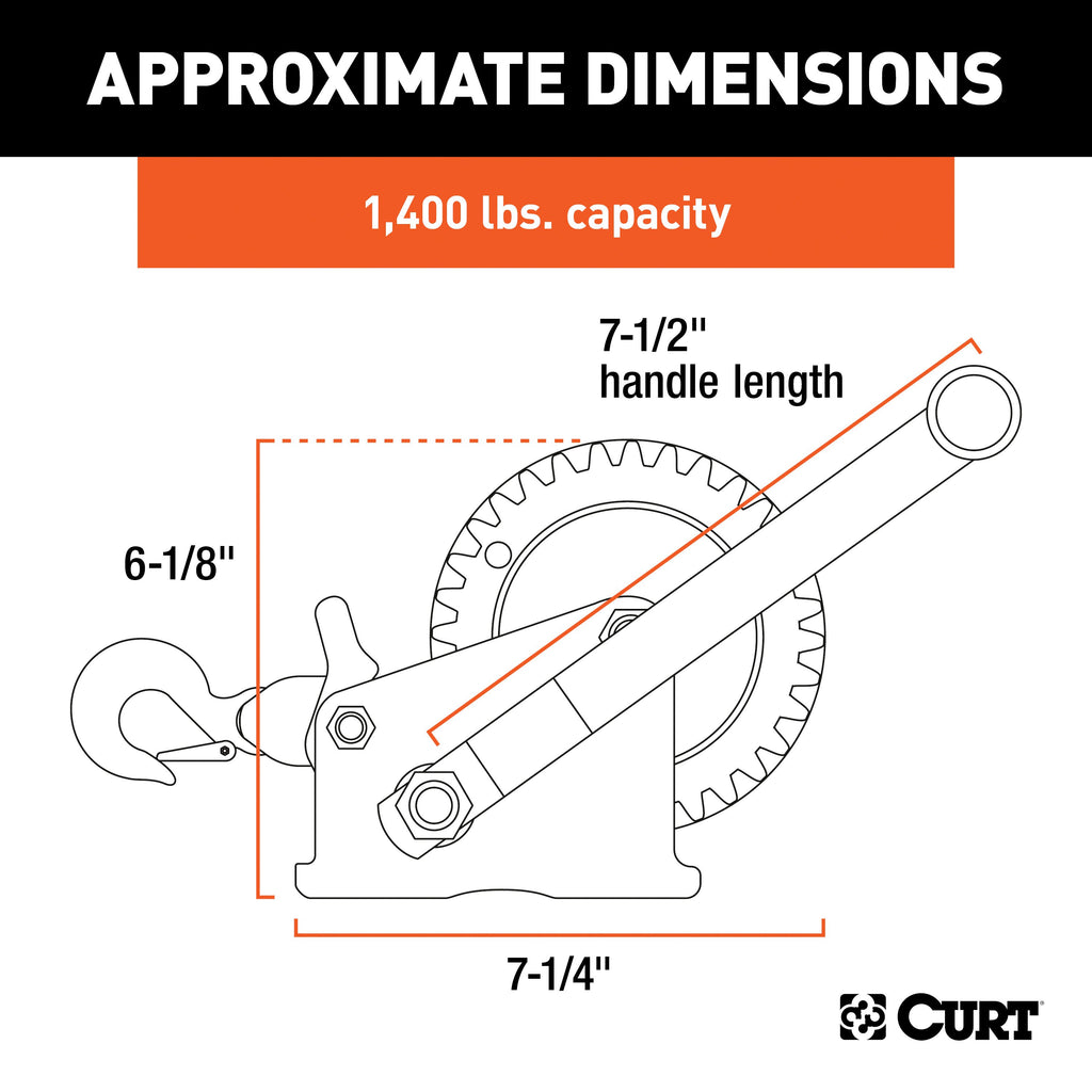 CURT 29435 Hand Crank Winch with 20' Strap (1,400 lbs, 7-1/2" Handle)