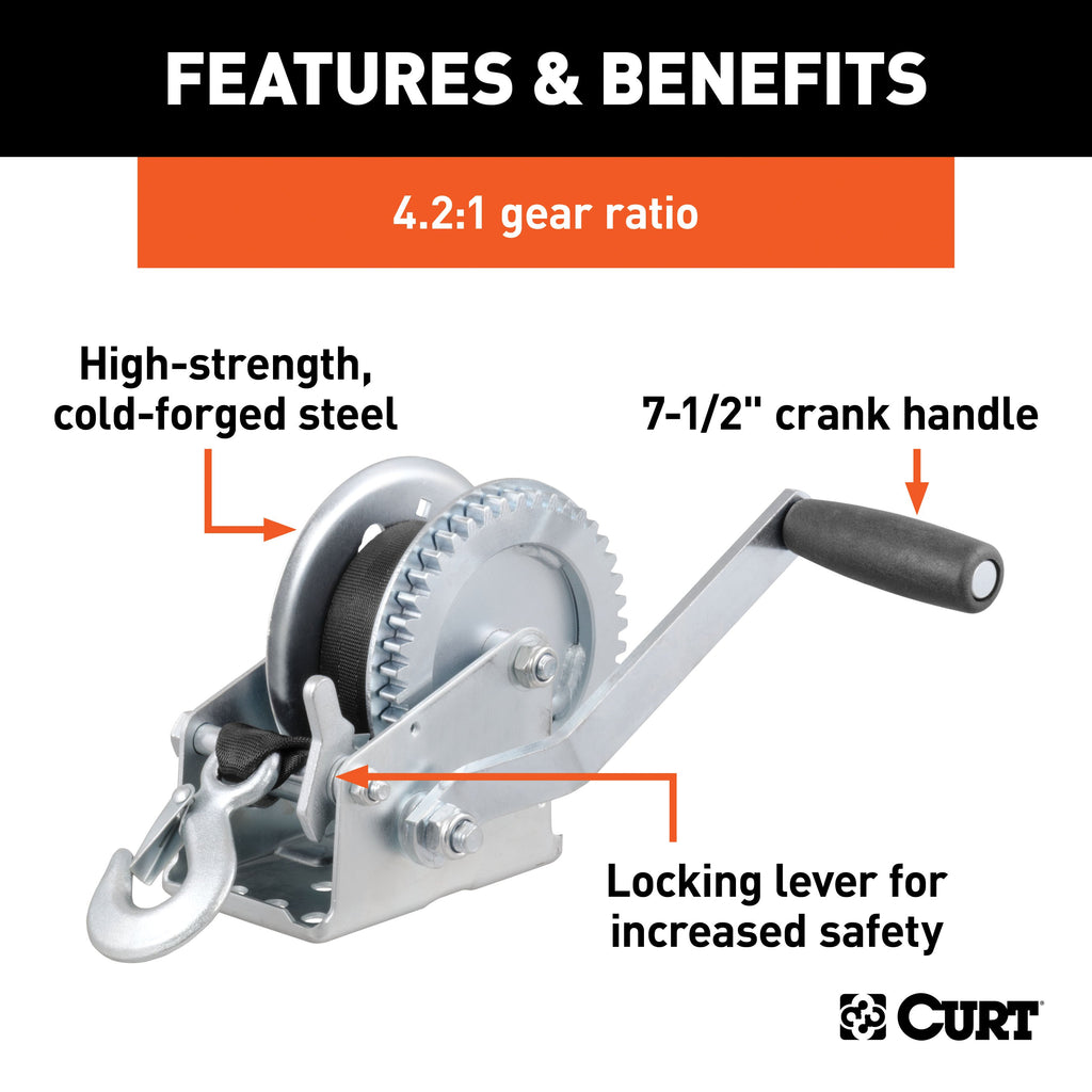 CURT 29435 Hand Crank Winch with 20' Strap (1,400 lbs, 7-1/2" Handle)