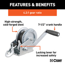Load image into Gallery viewer, CURT 29435 Hand Crank Winch with 20' Strap (1,400 lbs, 7-1/2" Handle)