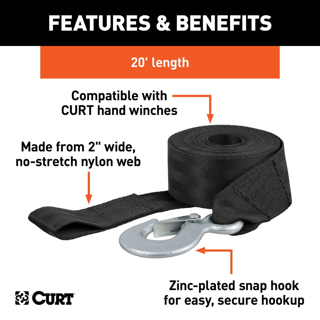 CURT 29451 20' Winch Strap with Snap Hook (1,100 lbs.)
