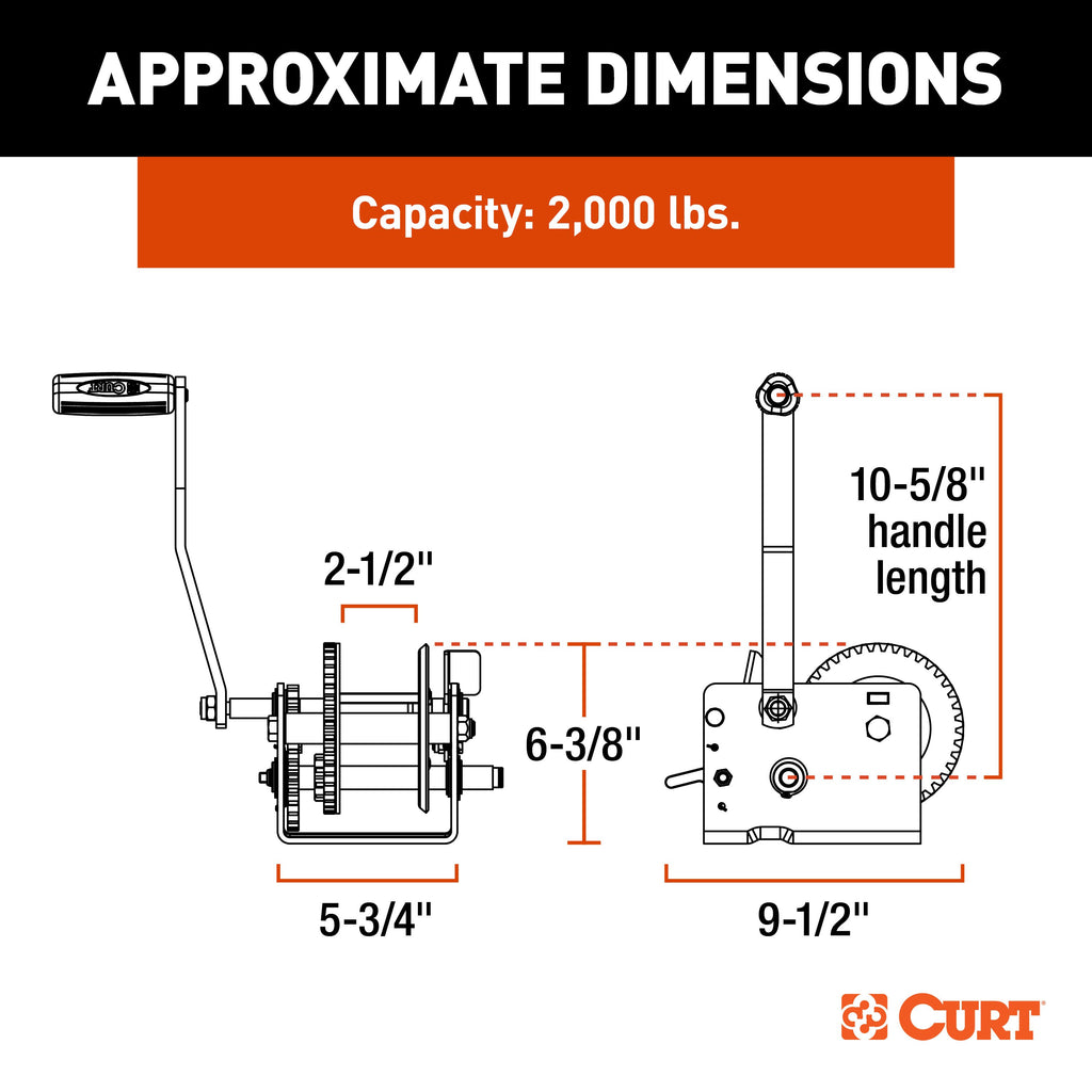 CURT 29520 Hand-Crank 2-Speed Winch, 2,000 lbs, 10.25:1 Low Gear Ratio, 10.6" Handle