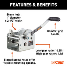 Load image into Gallery viewer, CURT 29520 Hand-Crank 2-Speed Winch, 2,000 lbs, 10.25:1 Low Gear Ratio, 10.6" Handle