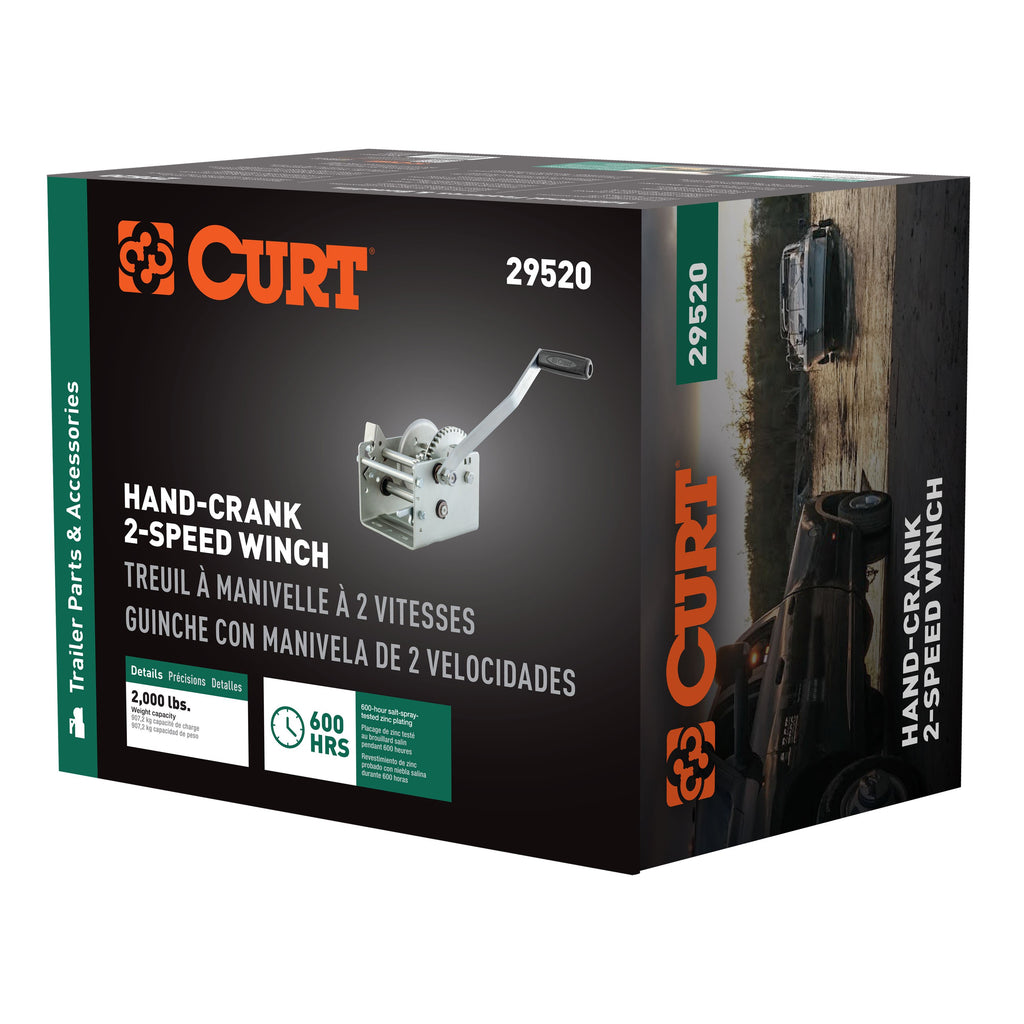 CURT 29520 Hand-Crank 2-Speed Winch, 2,000 lbs, 10.25:1 Low Gear Ratio, 10.6" Handle