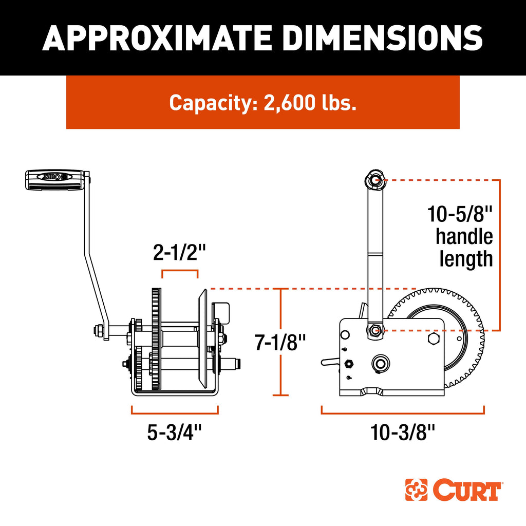 CURT 29526 Hand-Crank 2-Speed Winch, 2,600 lbs, 12.7:1 Low Gear Ratio, 10.6" Handle