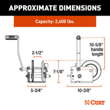 Load image into Gallery viewer, CURT 29526 Hand-Crank 2-Speed Winch, 2,600 lbs, 12.7:1 Low Gear Ratio, 10.6" Handle