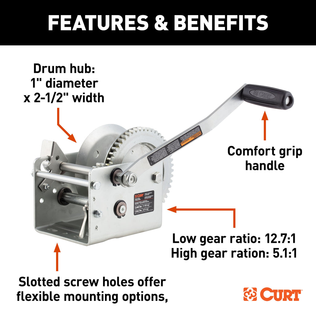CURT 29526 Hand-Crank 2-Speed Winch, 2,600 lbs, 12.7:1 Low Gear Ratio, 10.6" Handle