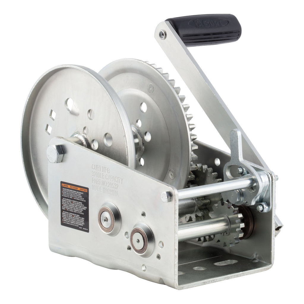 CURT 29532 Hand-Crank 2-Speed Winch, 3,200 lbs, 17.5:1 Low Gear Ratio, 9.6" Handle