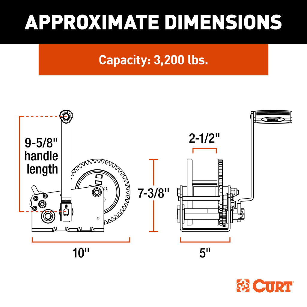 CURT 29532 Hand-Crank 2-Speed Winch, 3,200 lbs, 17.5:1 Low Gear Ratio, 9.6" Handle