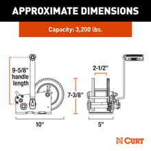 Load image into Gallery viewer, CURT 29532 Hand-Crank 2-Speed Winch, 3,200 lbs, 17.5:1 Low Gear Ratio, 9.6" Handle