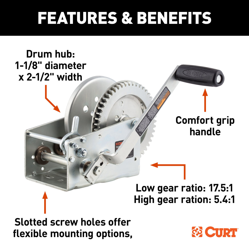 CURT 29532 Hand-Crank 2-Speed Winch, 3,200 lbs, 17.5:1 Low Gear Ratio, 9.6" Handle