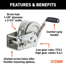 Load image into Gallery viewer, CURT 29532 Hand-Crank 2-Speed Winch, 3,200 lbs, 17.5:1 Low Gear Ratio, 9.6" Handle