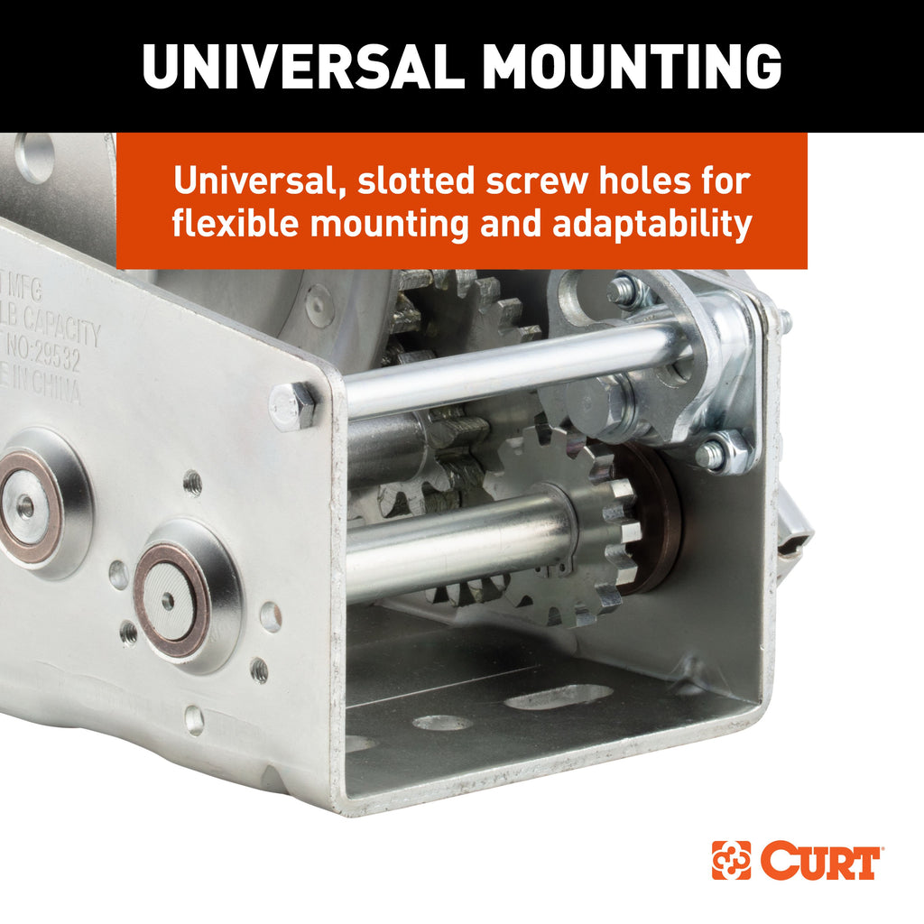 CURT 29532 Hand-Crank 2-Speed Winch, 3,200 lbs, 17.5:1 Low Gear Ratio, 9.6" Handle