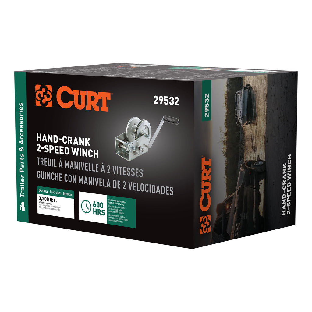 CURT 29532 Hand-Crank 2-Speed Winch, 3,200 lbs, 17.5:1 Low Gear Ratio, 9.6" Handle