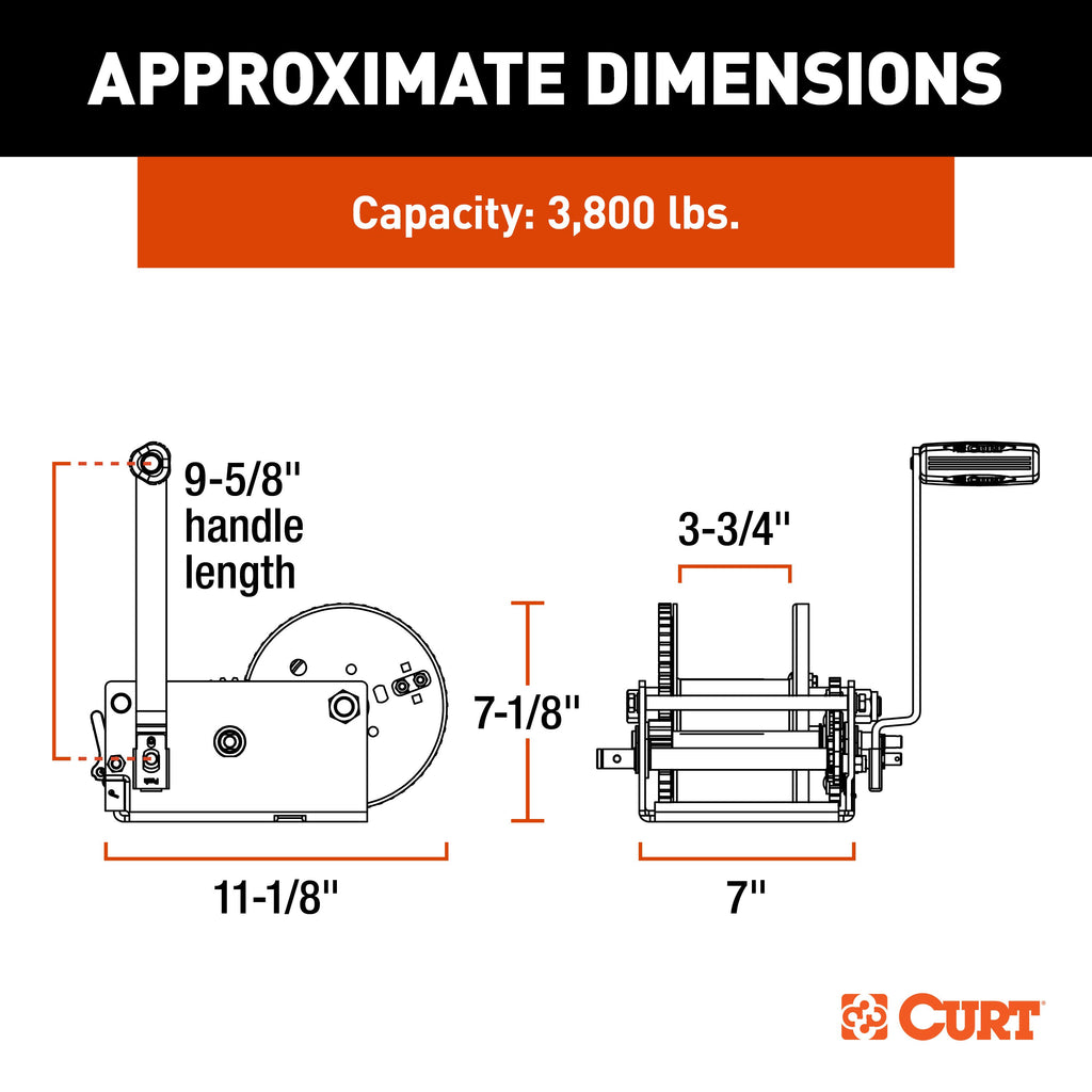 CURT 29538 Hand-Crank 2-Speed Winch, 3,800 lbs, 15.8:1 Low Gear Ratio, 9.6" Handle